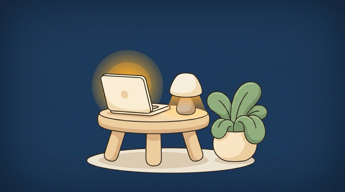 A small table with a glowing laptop and a lamp