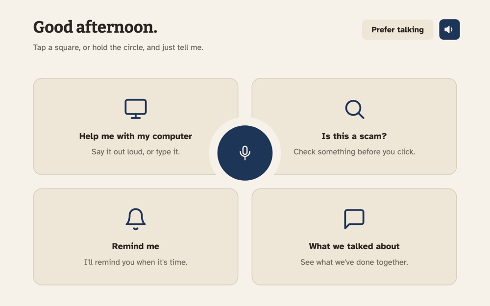 Porchlight home screen with four large choices